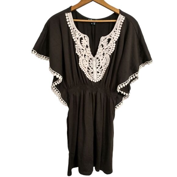 Y2K Bohemian Dress M Jersey Knit Flowy Woodland Fairy Crochet Dolman Sleeves - Picture 4 of 16